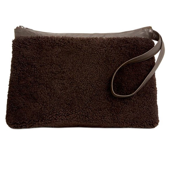 VIAVENETO "Delilah" Curly Shearling Wristlet In Dark Chocolate Brown - Picture 1 of 4